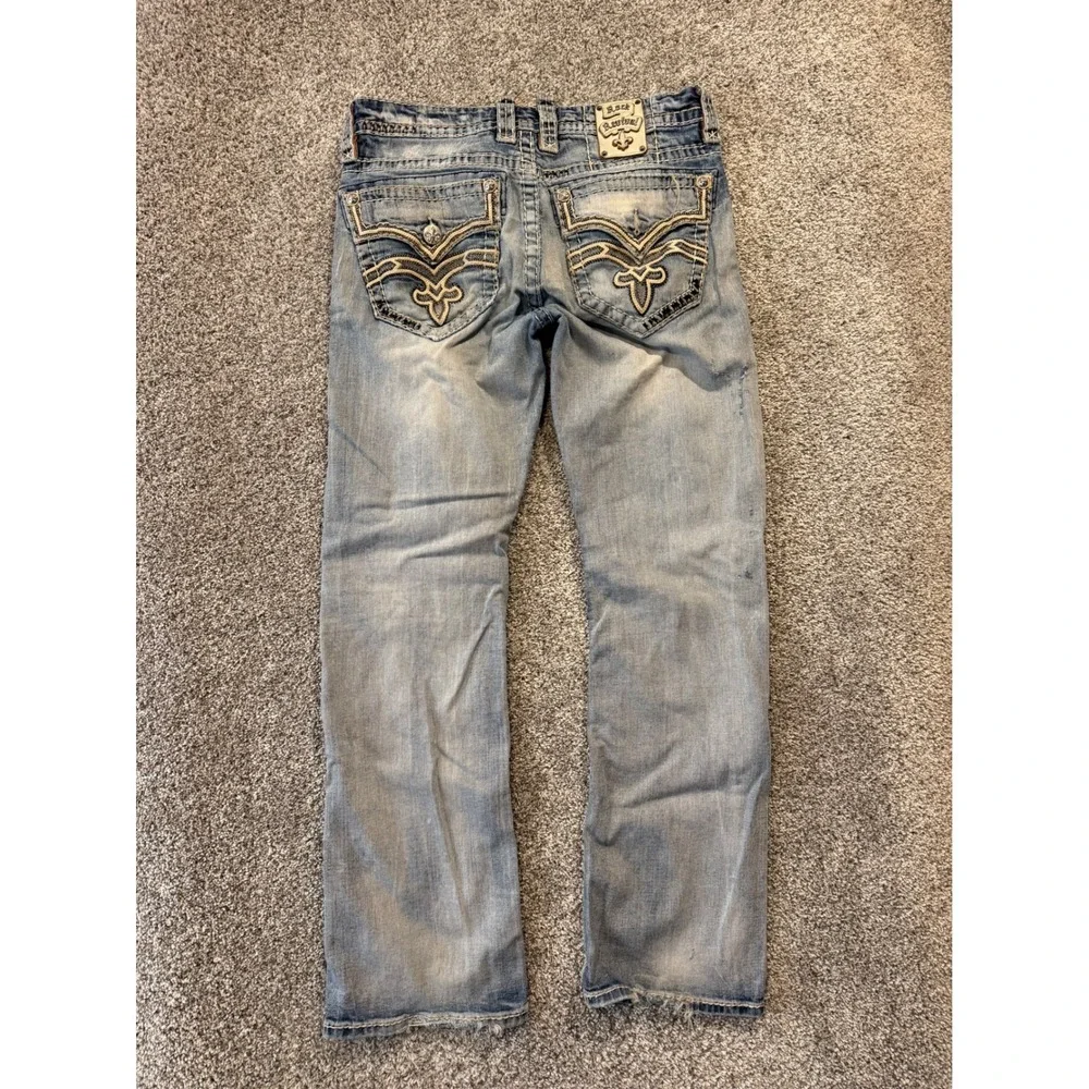 Rock Revival Jeans Men 34 Blue Owen Boot Distressed Ripped Embroidered EP9657BL*